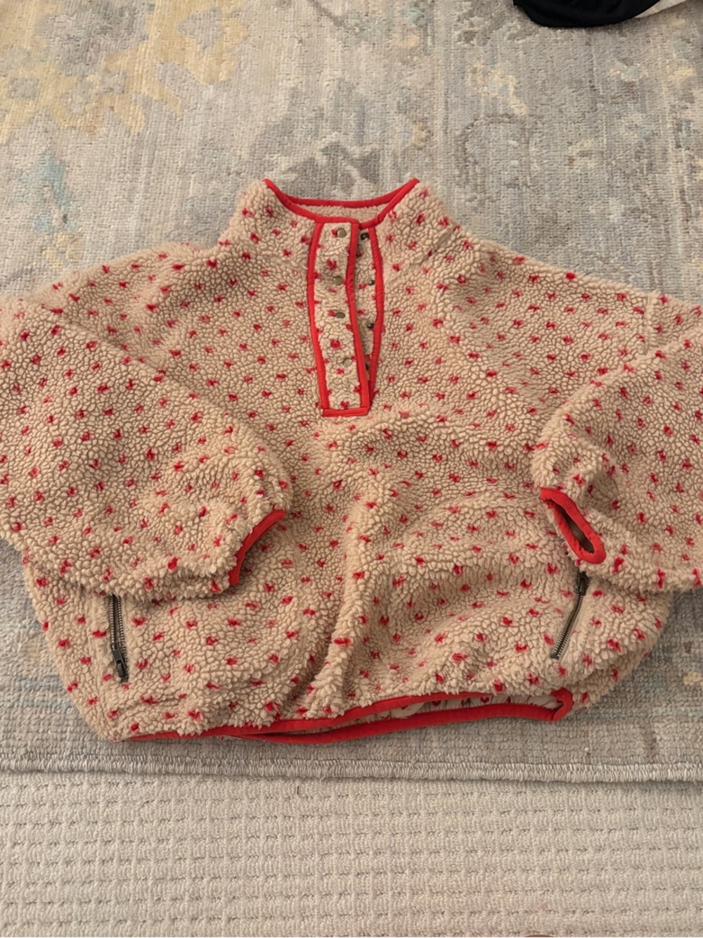 THE GREAT. Cream Sherpa Jacket with Coral Trim and Heart Motif